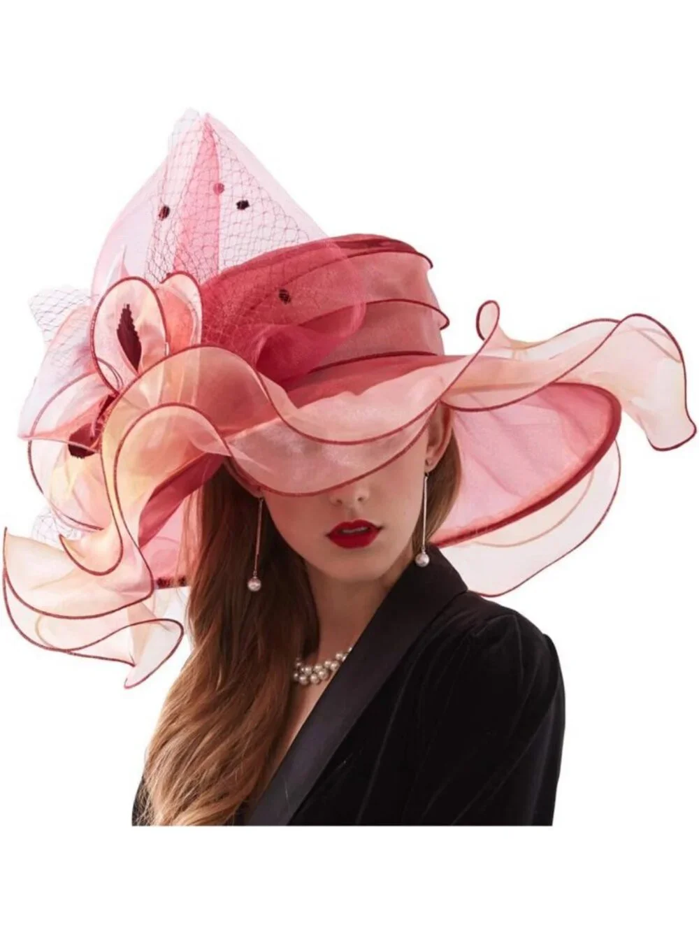 Elegant Wide Brim Organza Church Hat for Weddings & Tea Parties with Detachable